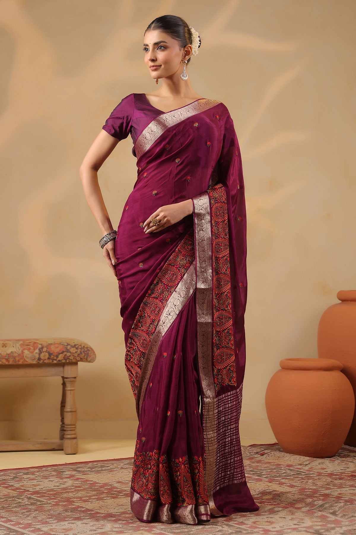 Wine Crepe Embroidered Saree Elegant Party & Festive Wear