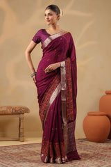 Wine Crepe Embroidered Saree Elegant Party & Festive Wear