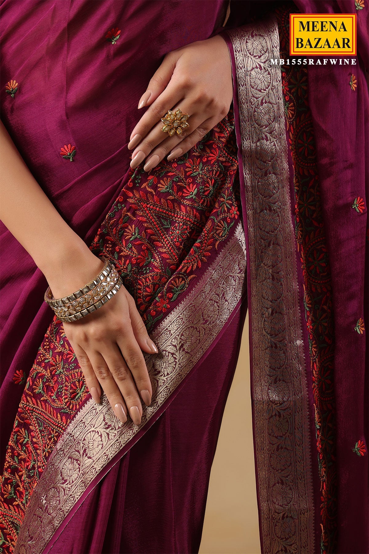 Wine Crepe Embroidered Saree Elegant Party & Festive Wear