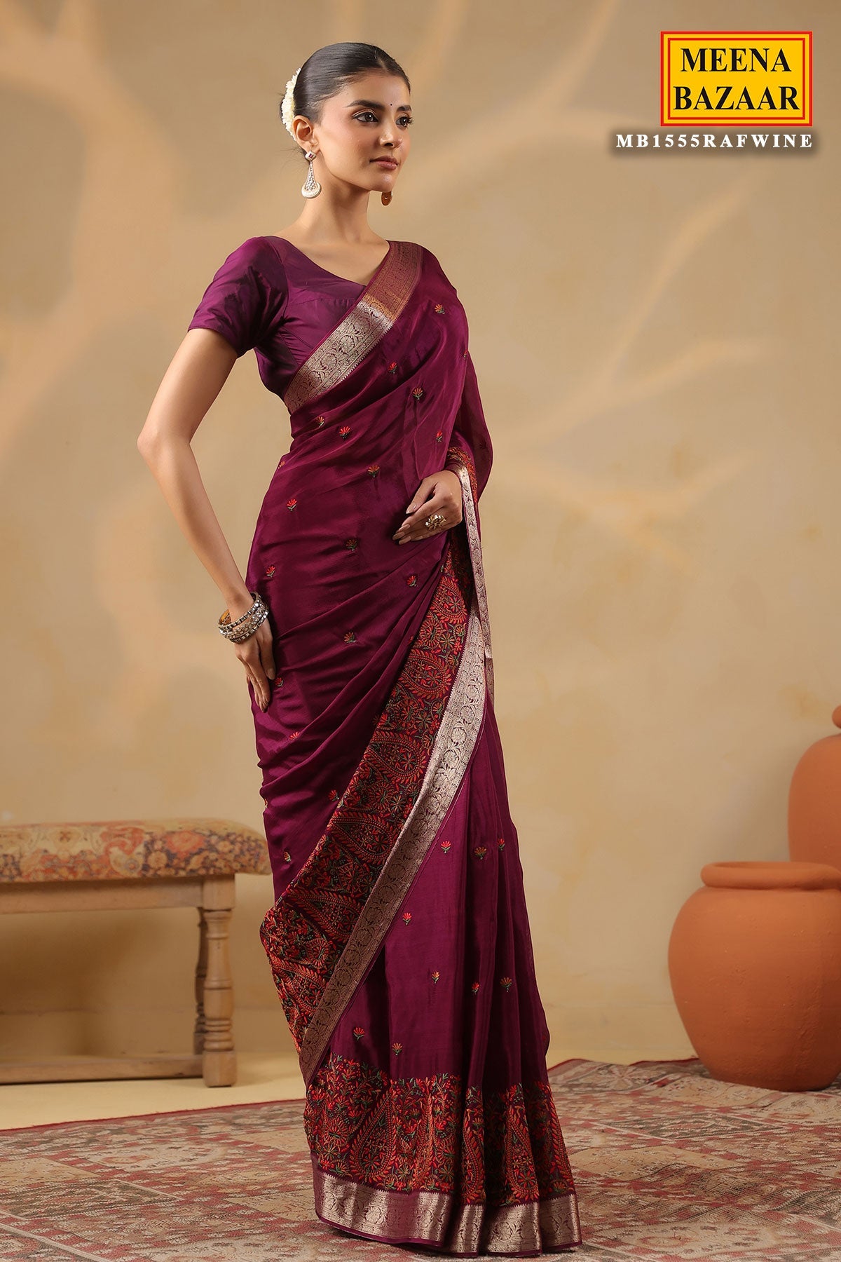 Wine Crepe Embroidered Saree Elegant Party & Festive Wear