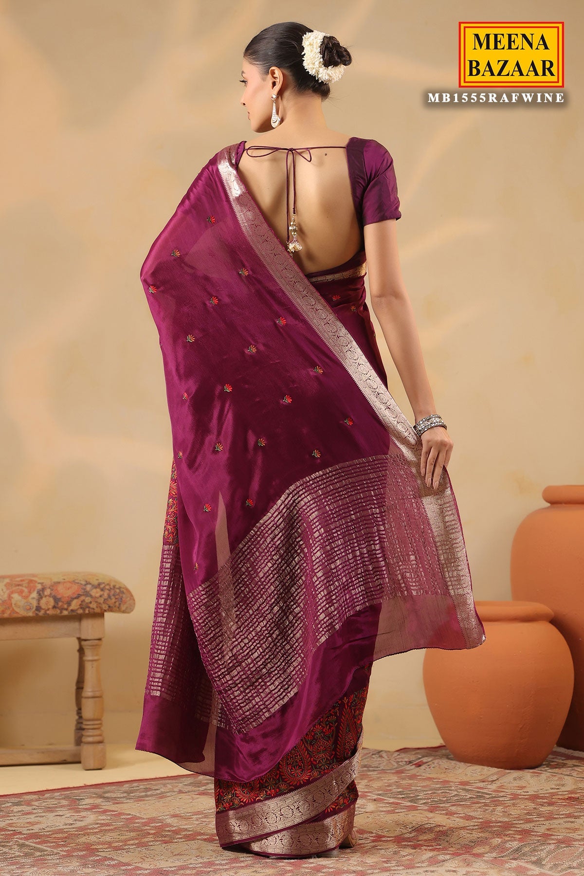 Wine Crepe Embroidered Saree Elegant Party & Festive Wear