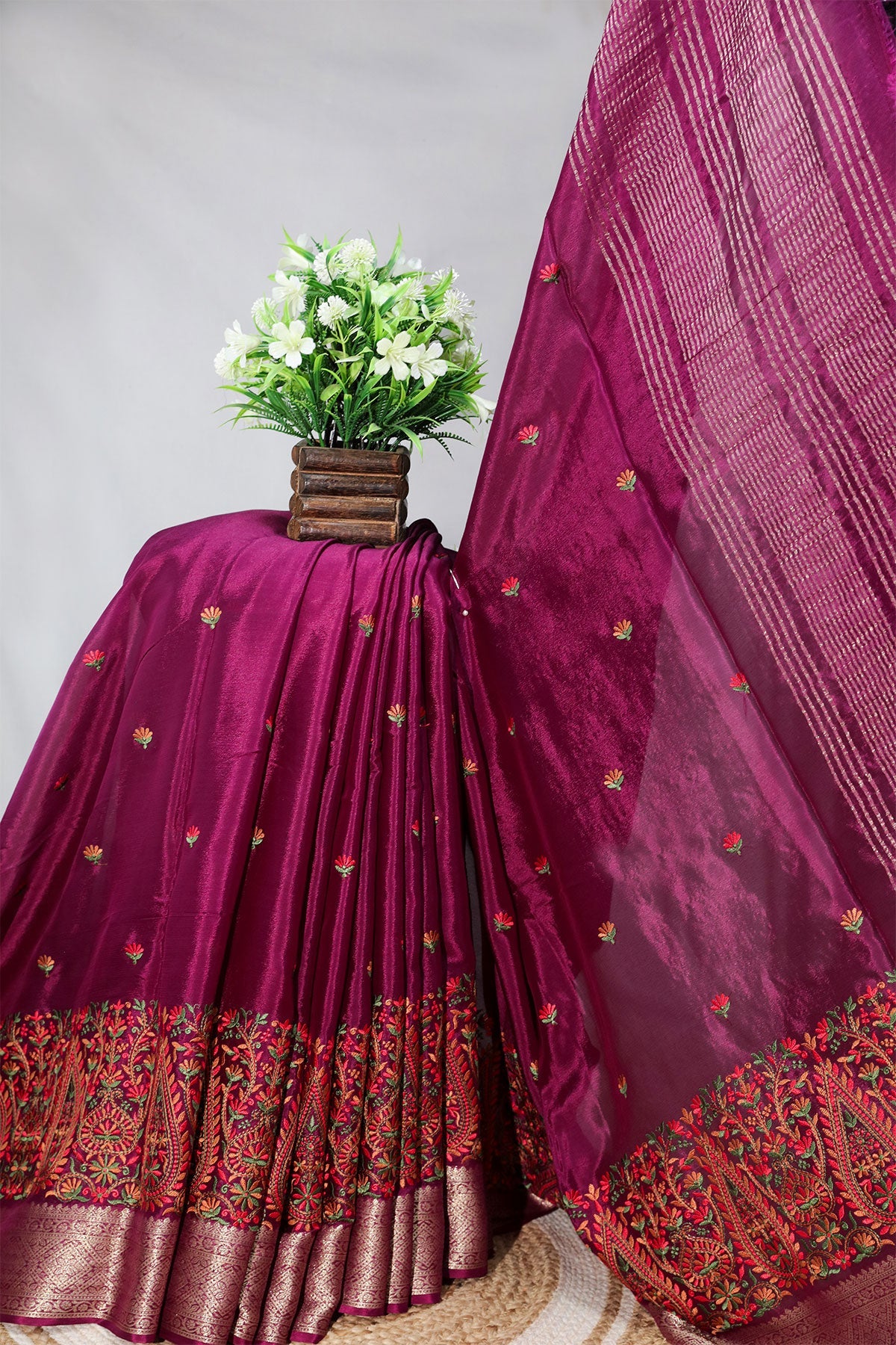 Wine Crepe Embroidered Saree Elegant Party & Festive Wear