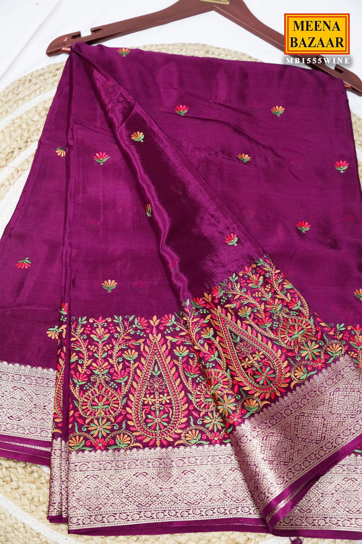 Wine Crepe Embroidered Saree Elegant Party & Festive Wear