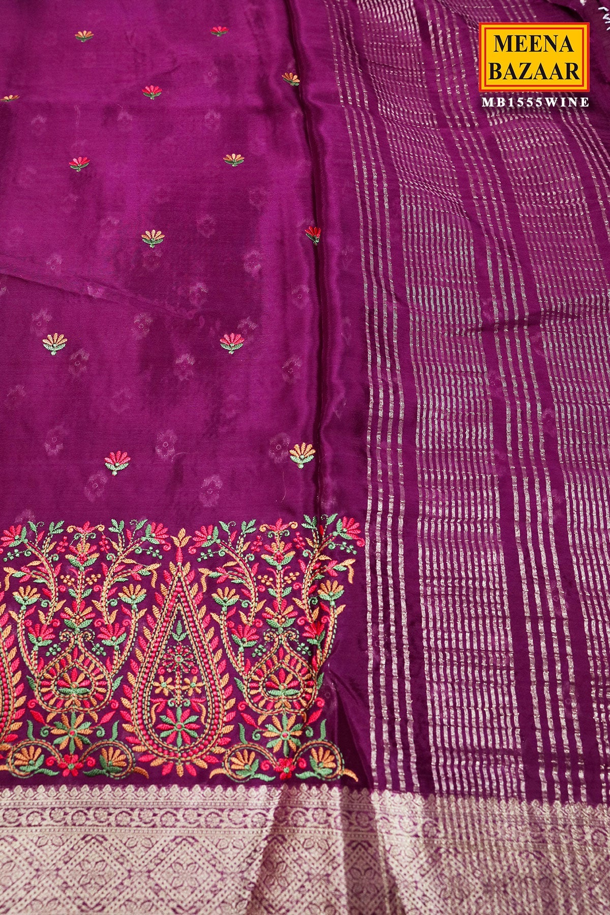 Wine Crepe Embroidered Saree Elegant Party & Festive Wear