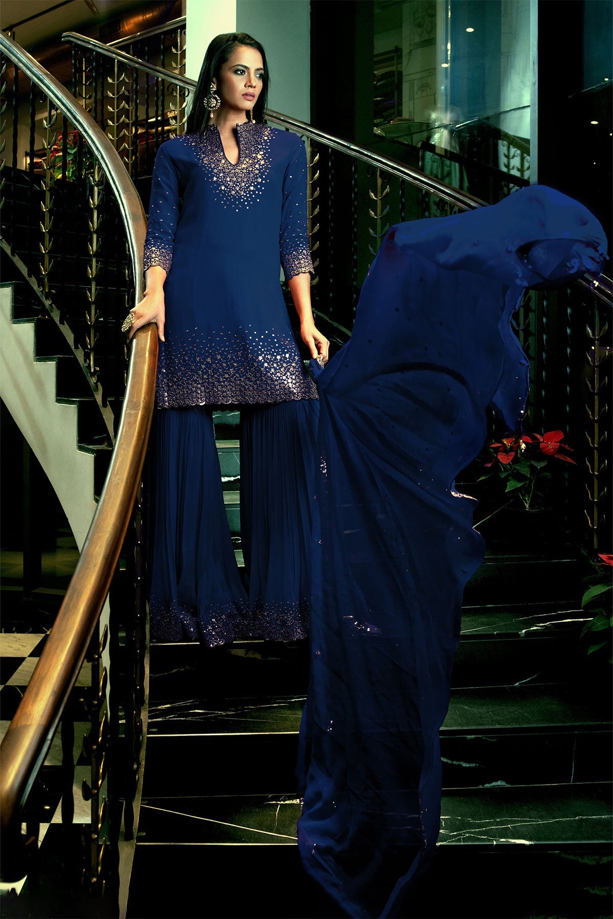 Navy Georgette Aari Embroidered Sharara Suit