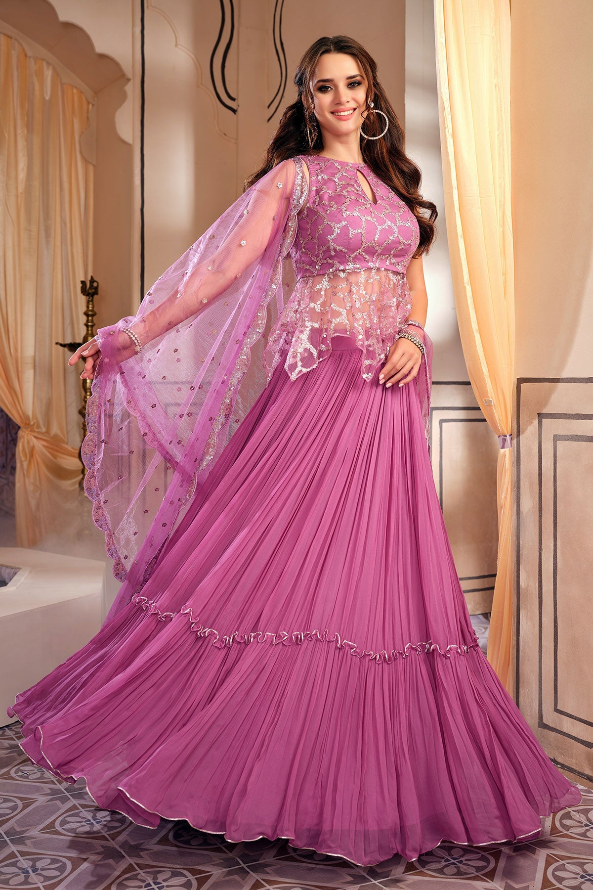 Mauve Georgette Sequins Embroidered Lehenga