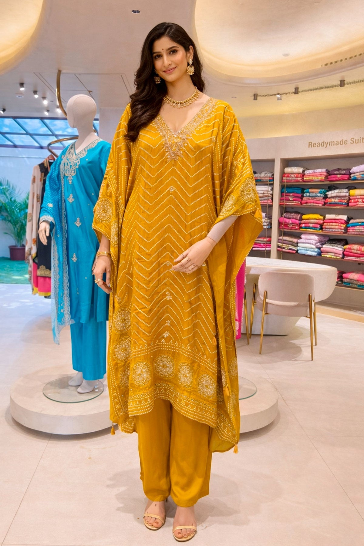 Mustard Bandhani Chevron Grace Kaftan Set