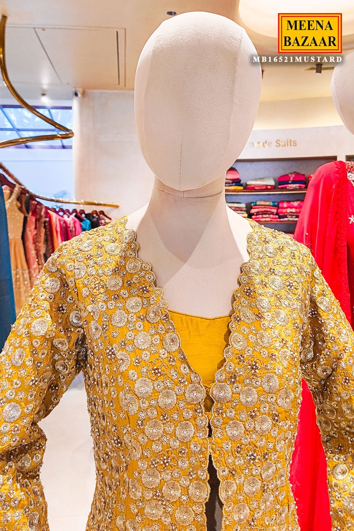 Mustard Neck Embroidered Silk Readymade Suit Party & Festive Wear