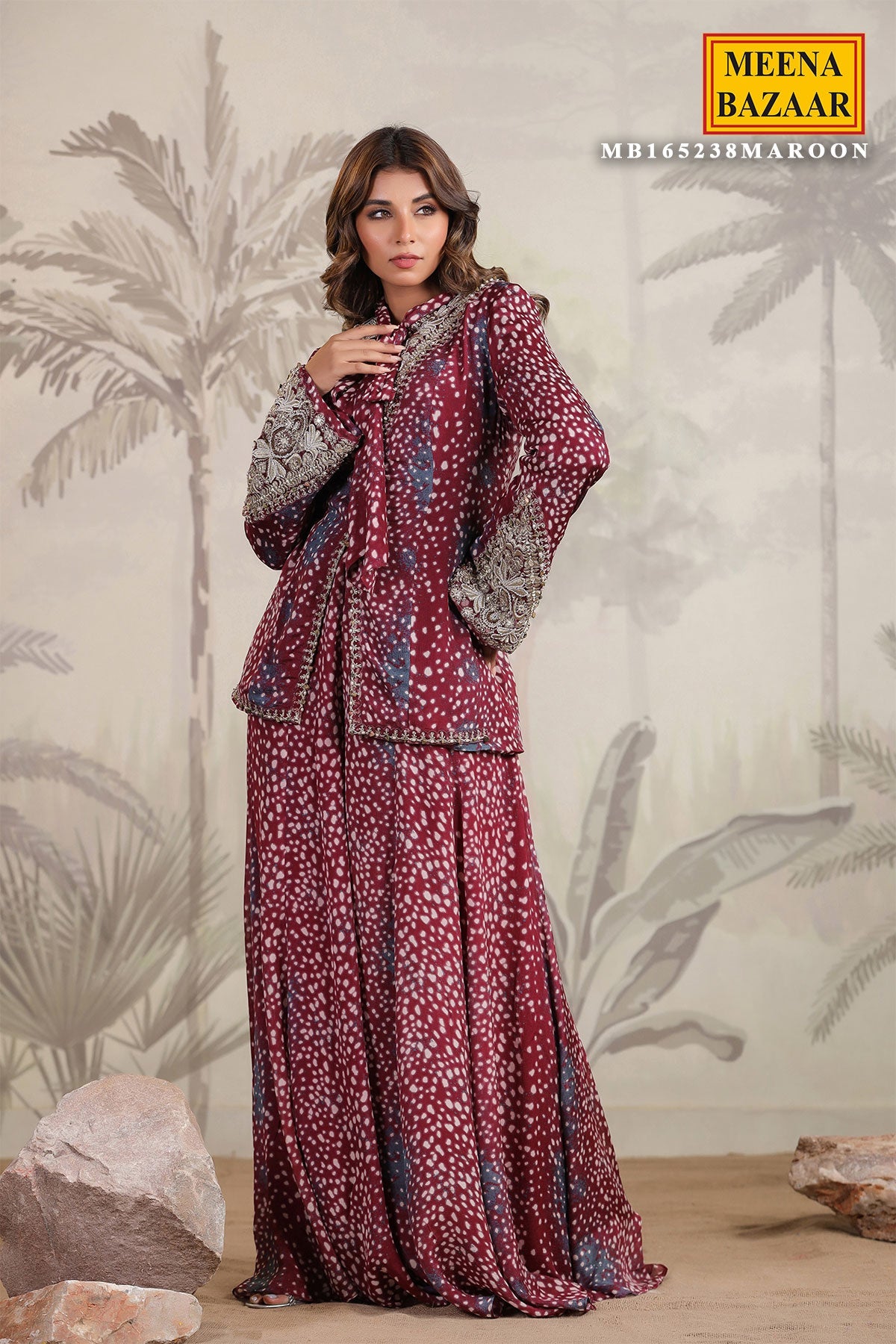 Wine Georgette Embroidered Kurti