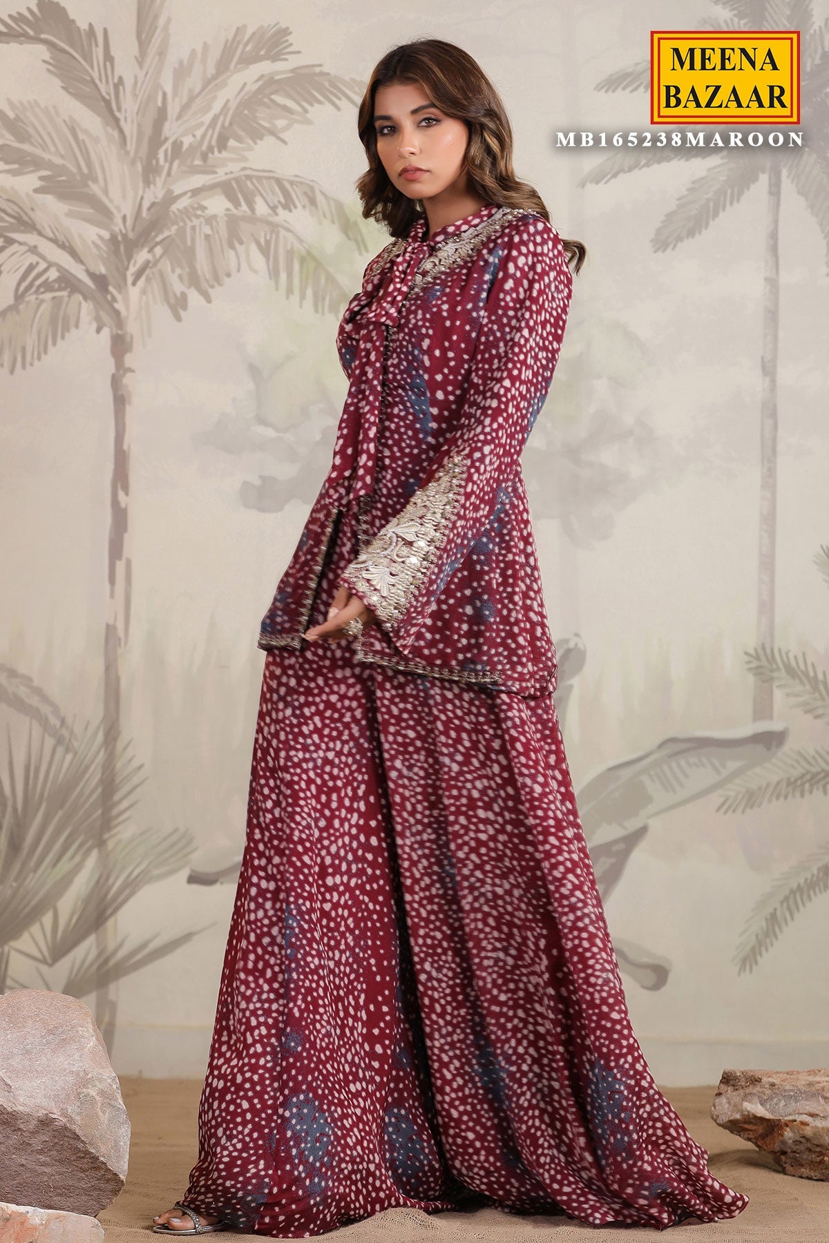 Wine Georgette Embroidered Kurti