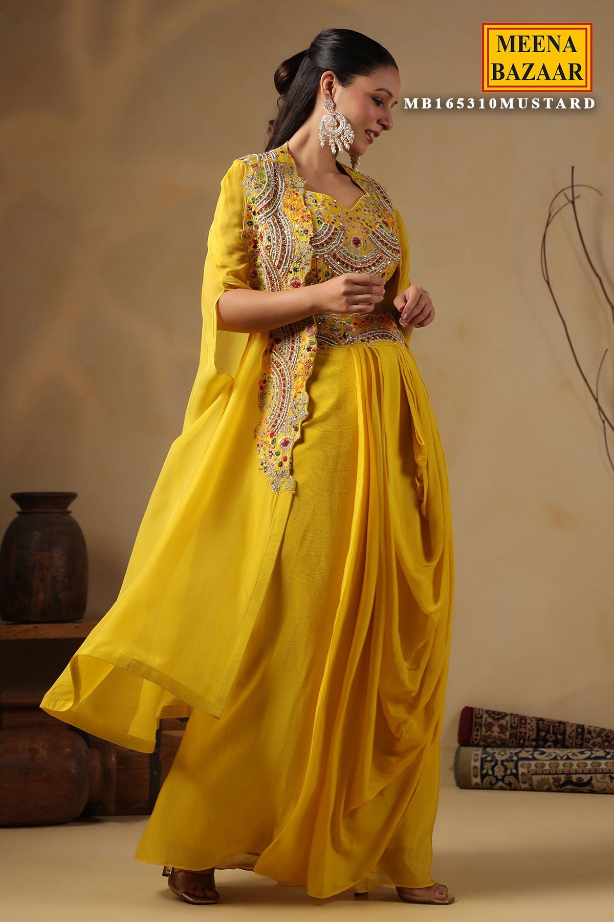 Yellow Organza Embroidered Kurti