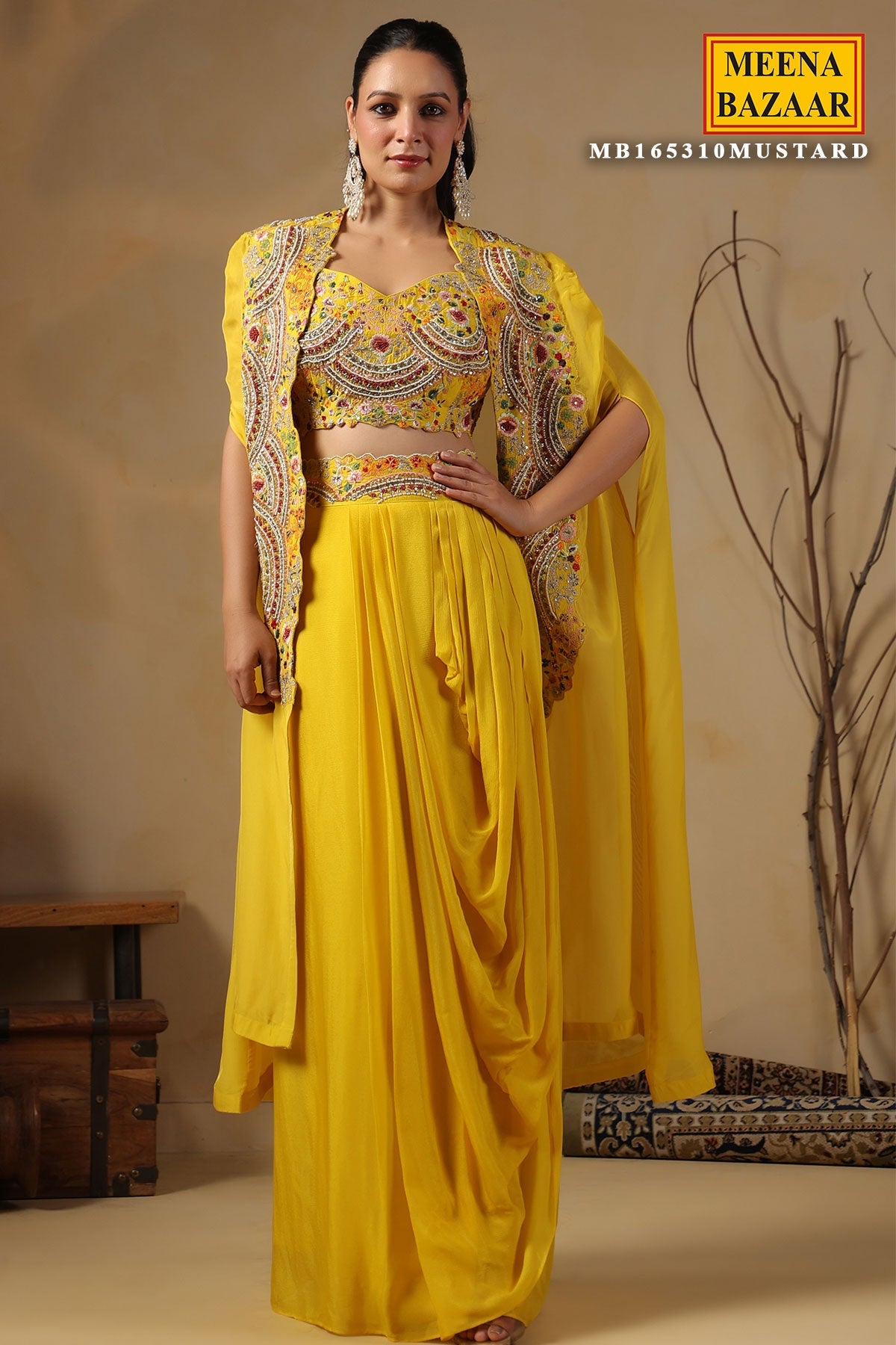 Yellow Organza Embroidered Kurti