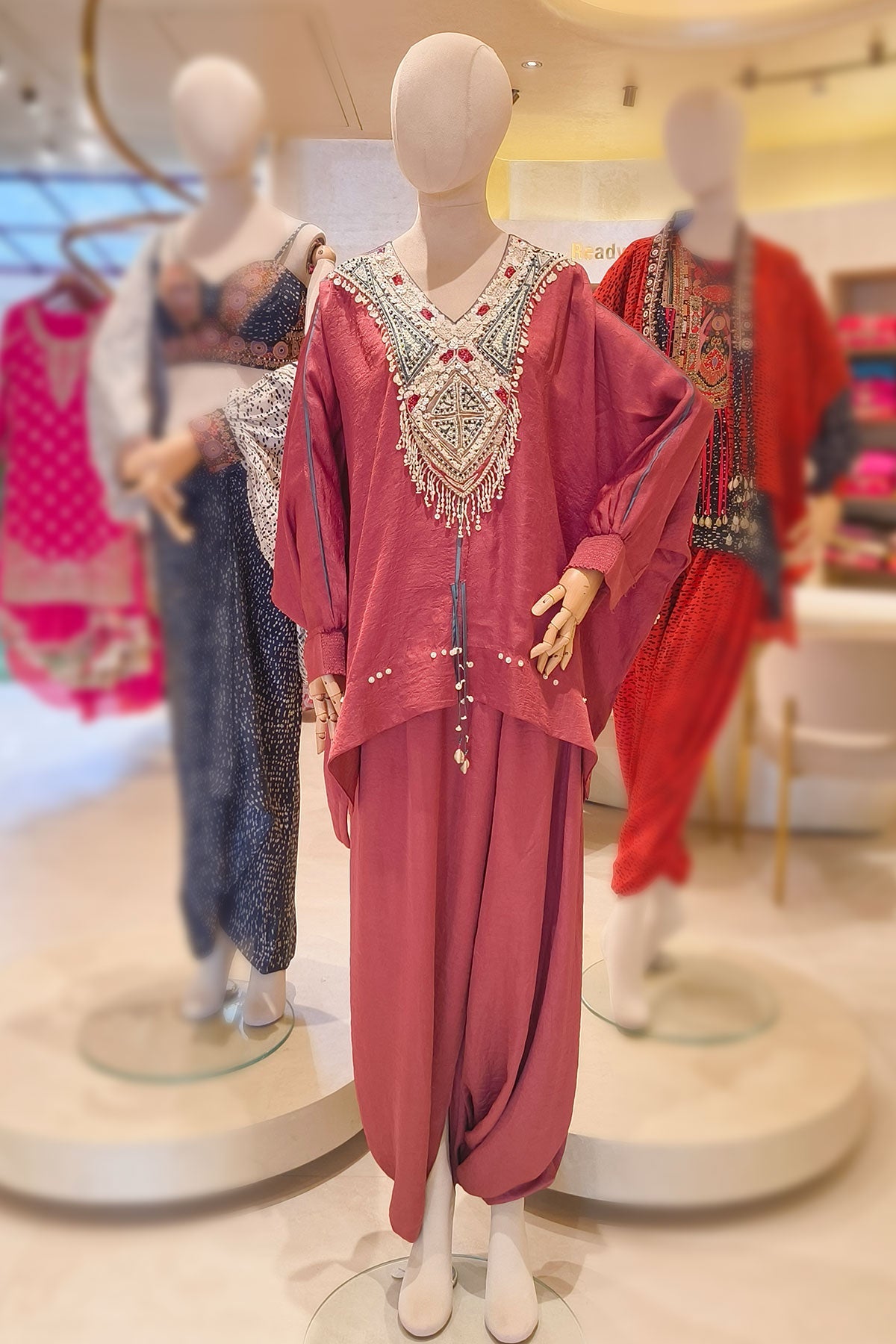 Gajari Glow – Crepe Kurti with Designer Neck EMB