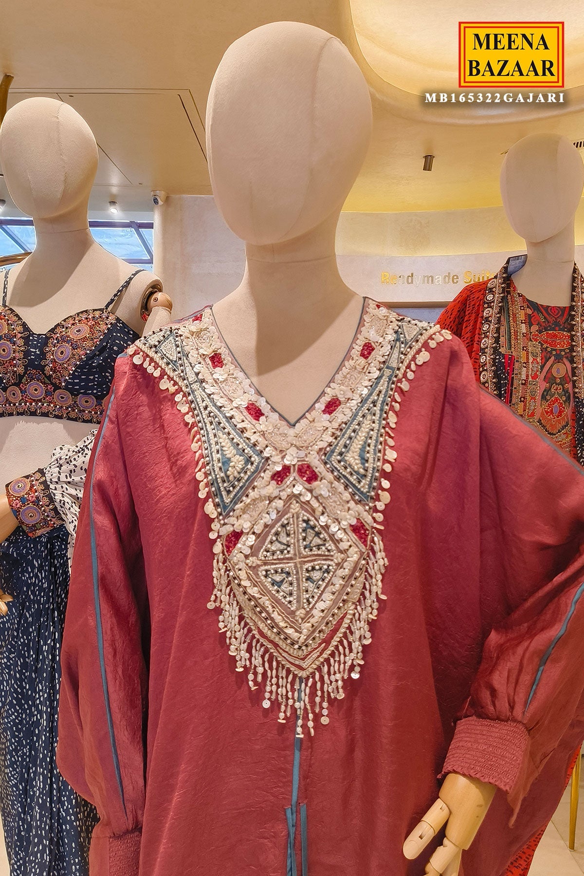 Gajari Glow – Crepe Kurti with Designer Neck EMB