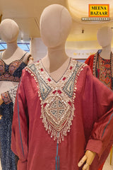 Gajari Glow – Crepe Kurti with Designer Neck EMB
