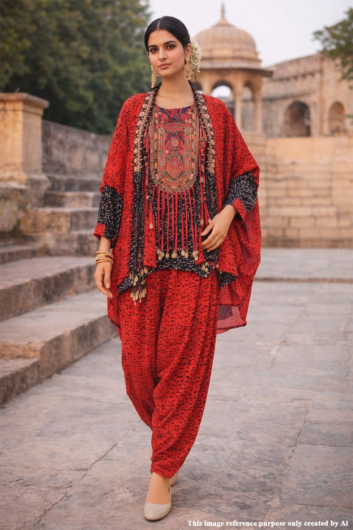 Red Glow – Crepe Kurti with Designer Neck EMB