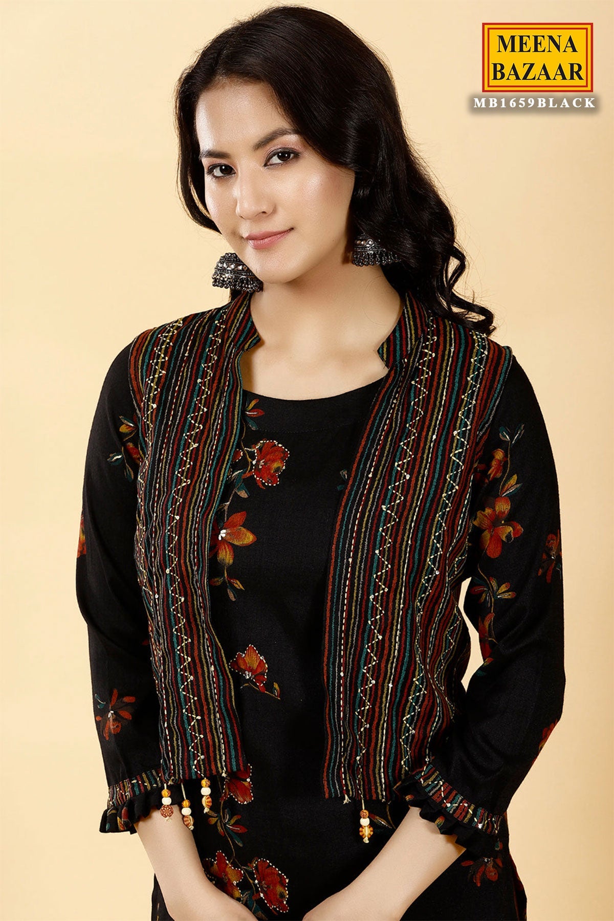 Black Rayon Printed Kurti Pant Set with Short Shrug