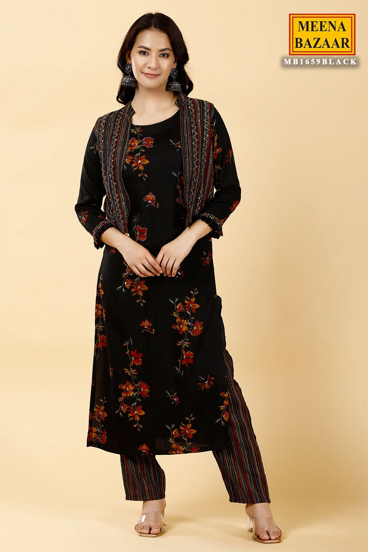 Black Rayon Printed Kurti Pant Set with Short Shrug