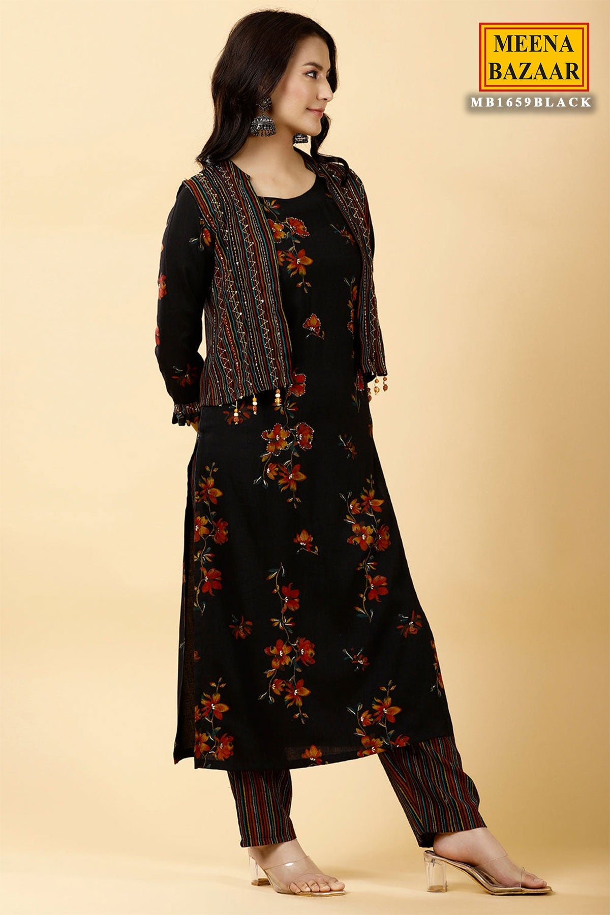 Black Rayon Printed Kurti Pant Set with Short Shrug