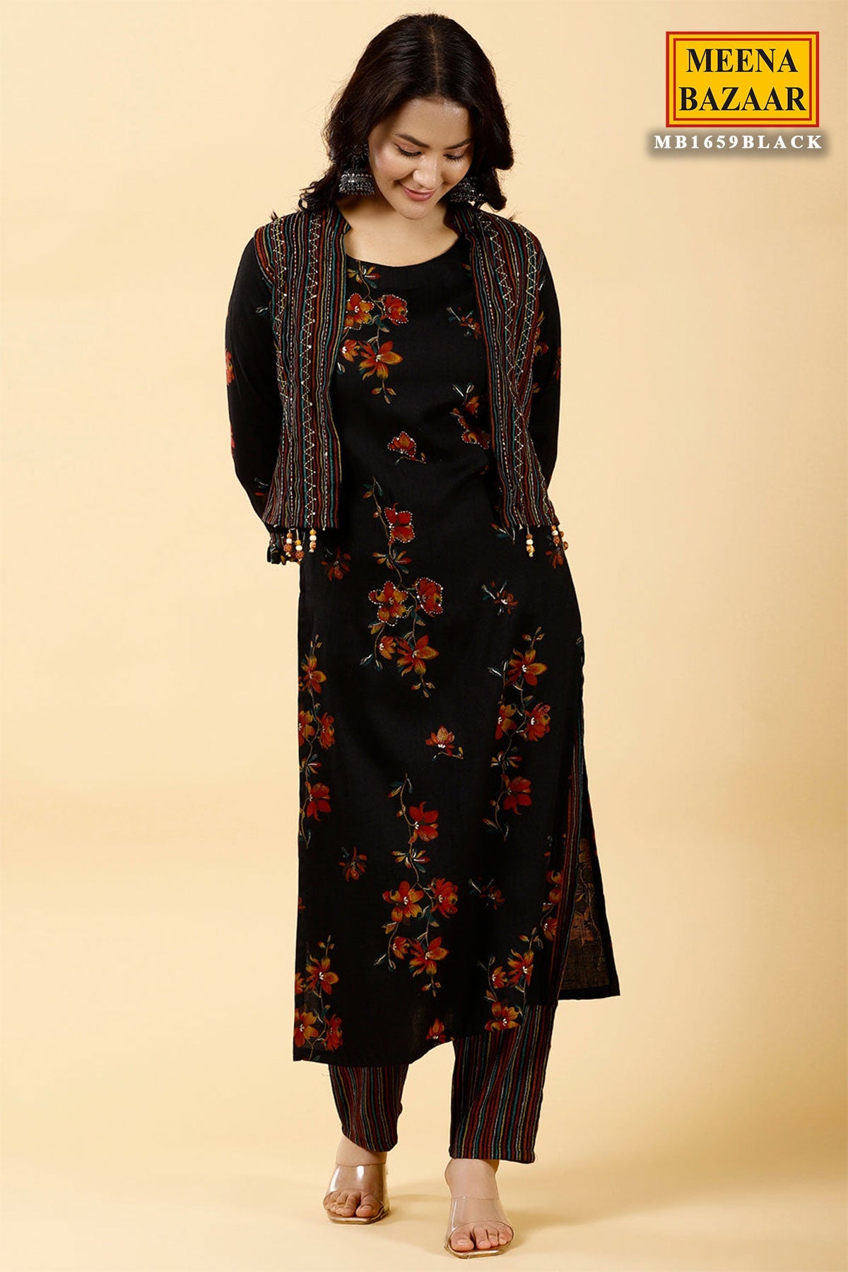 Black Rayon Printed Kurti Pant Set with Short Shrug