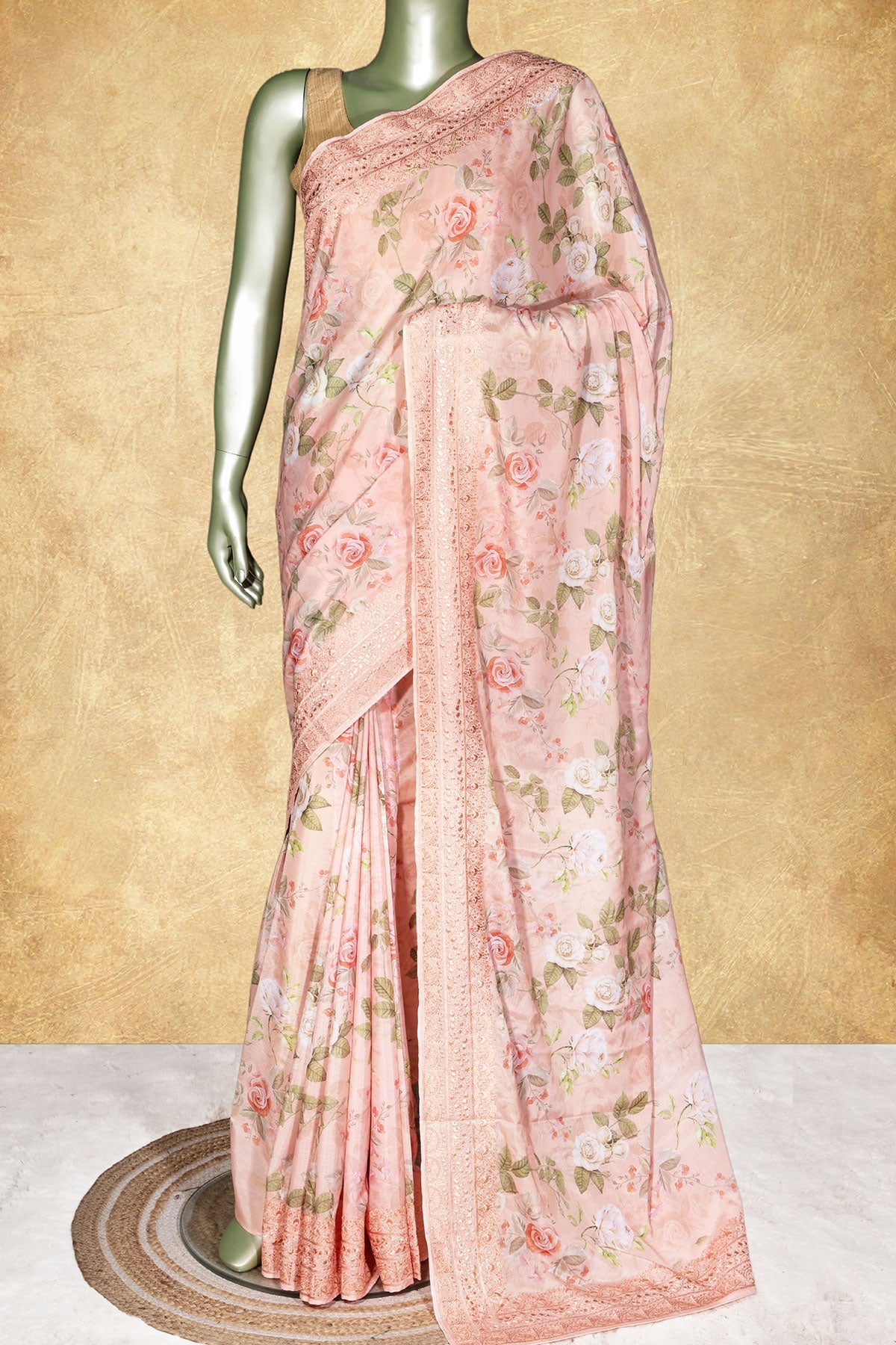 Peach Floral Print Chinon Embroidered Saree