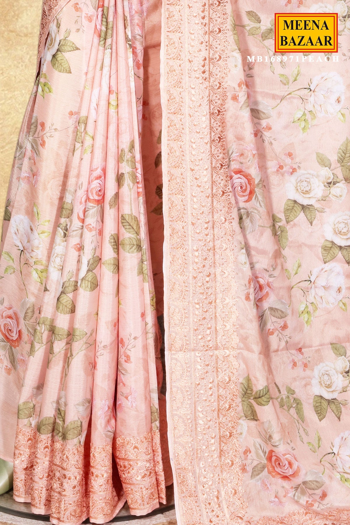 Peach Floral Print Chinon Embroidered Saree