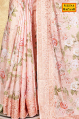 Peach Floral Print Chinon Embroidered Saree