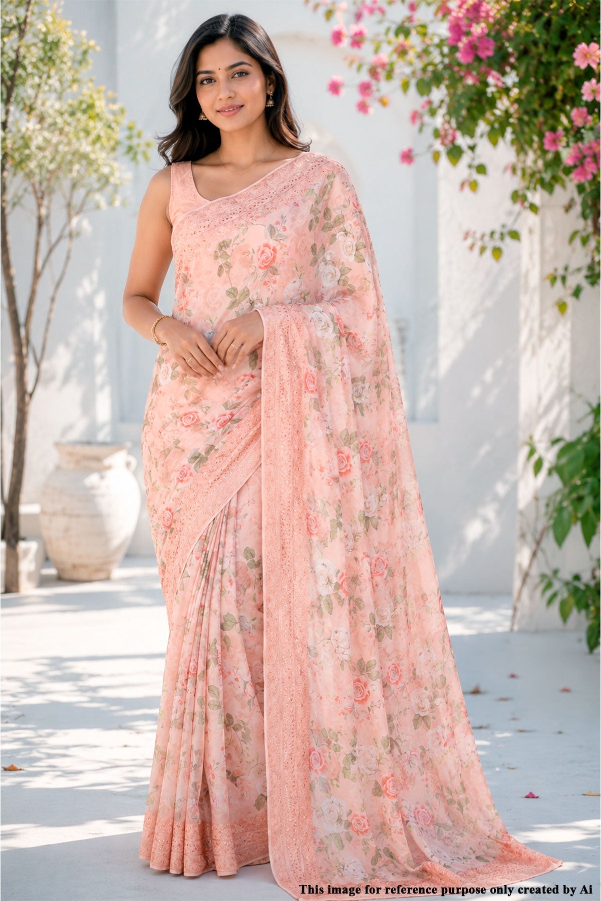 Peach Floral Print Chinon Embroidered Saree