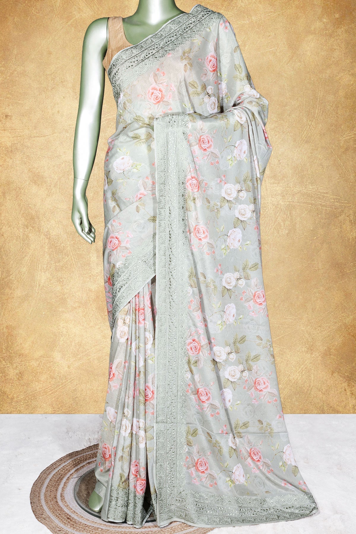 Pista Floral Print Chinon Saree with Embroidered Detailing