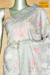 Pista Floral Print Chinon Saree with Embroidered Detailing