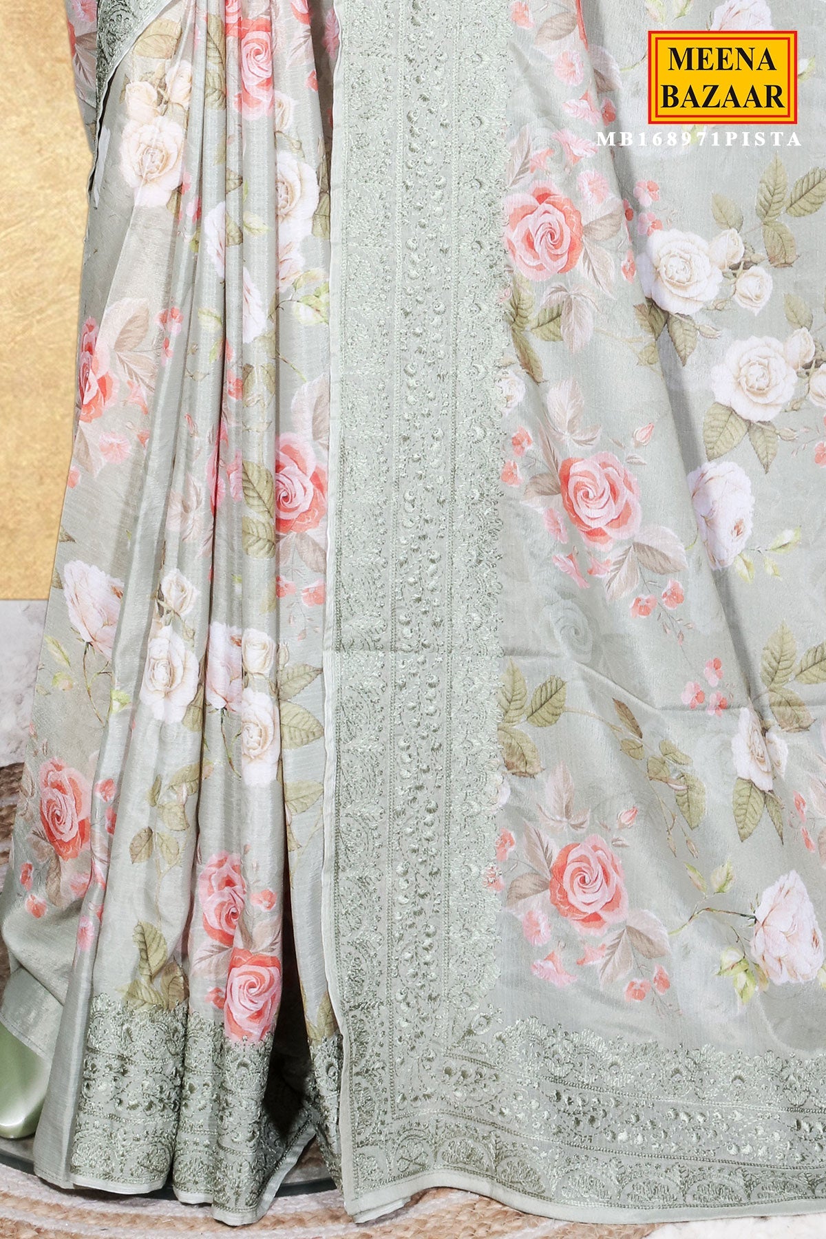 Pista Floral Print Chinon Saree with Embroidered Detailing