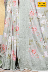 Pista Floral Print Chinon Saree with Embroidered Detailing