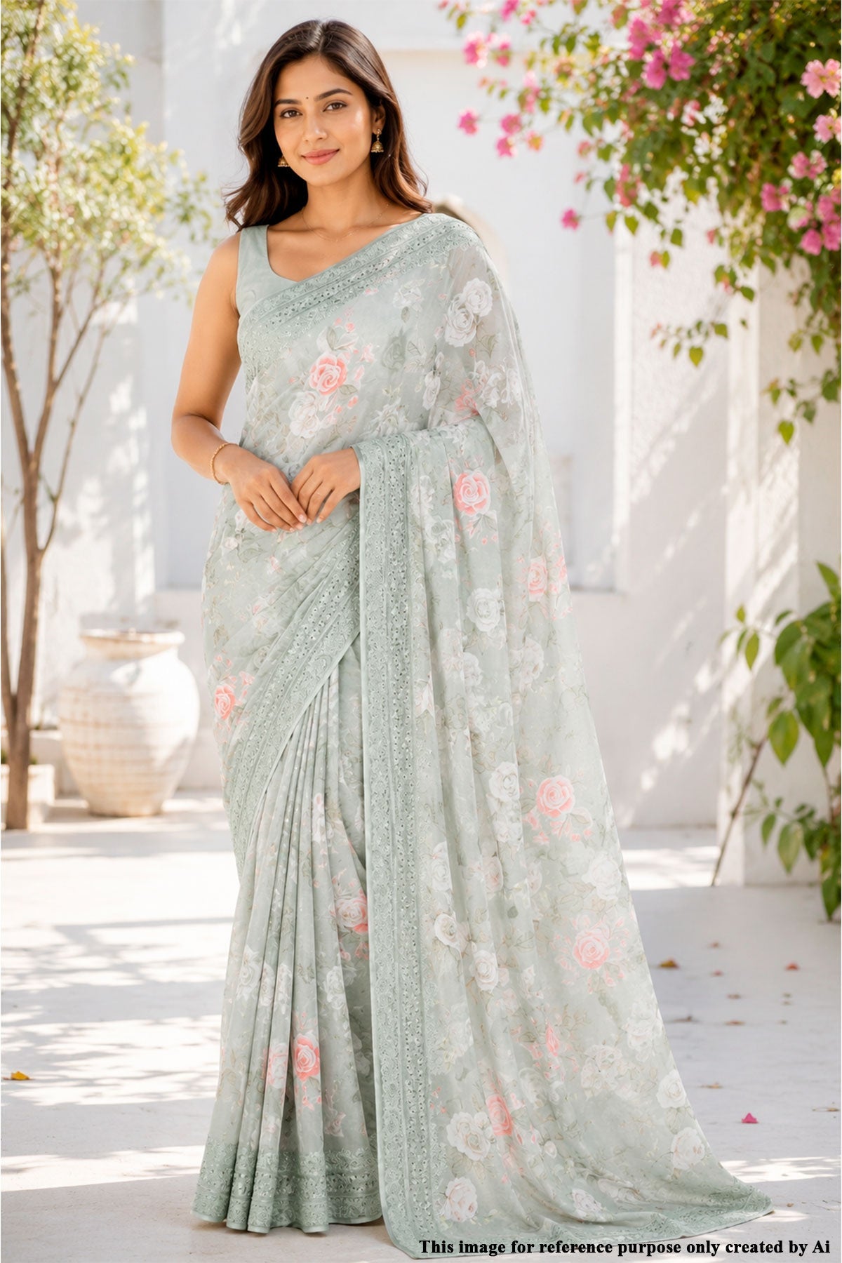 Pista Floral Print Chinon Saree with Embroidered Detailing