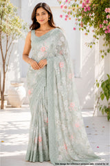 Pista Floral Print Chinon Saree with Embroidered Detailing
