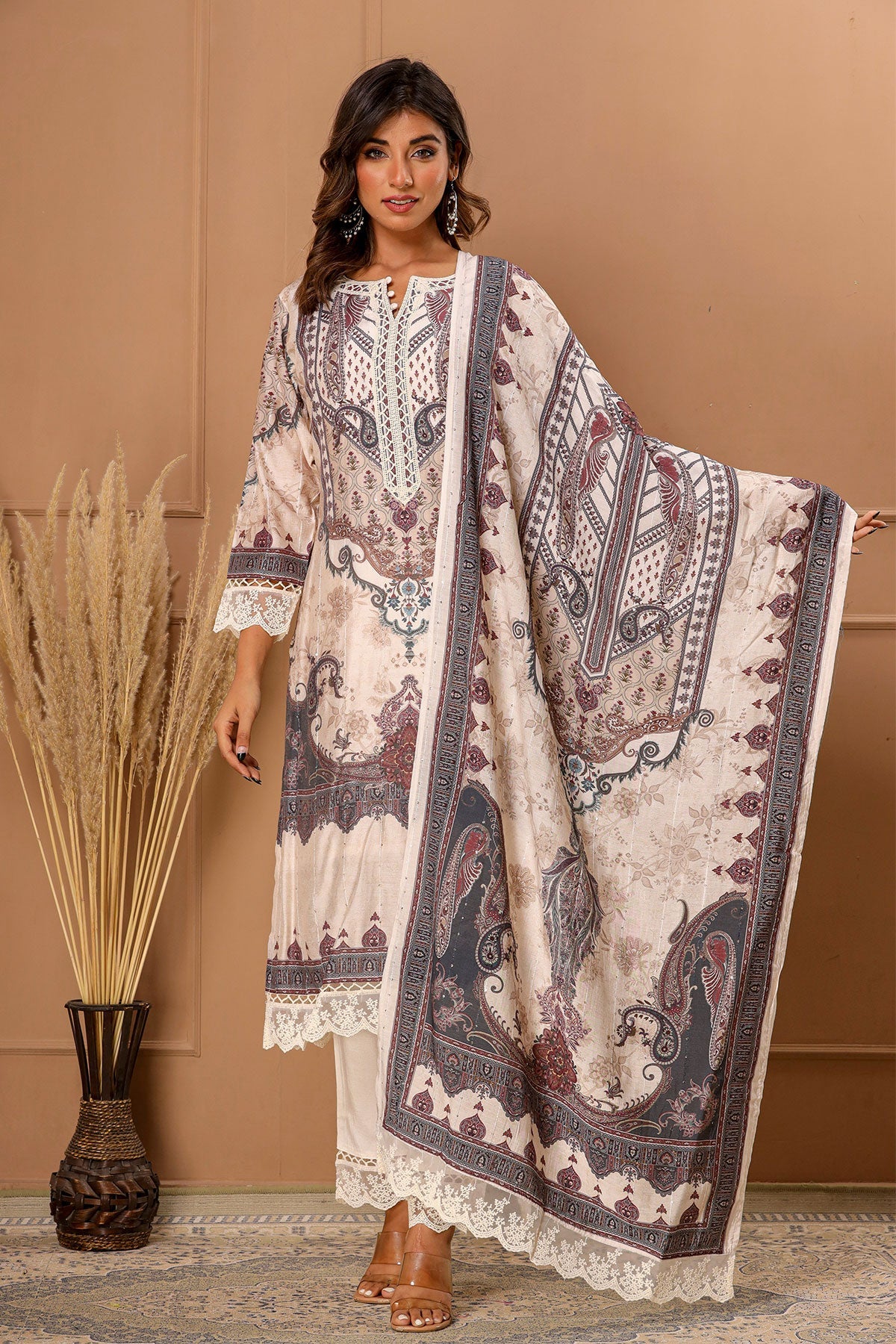 Grey Maslin Ready Made Suit with Elegant Neck Embroidery
