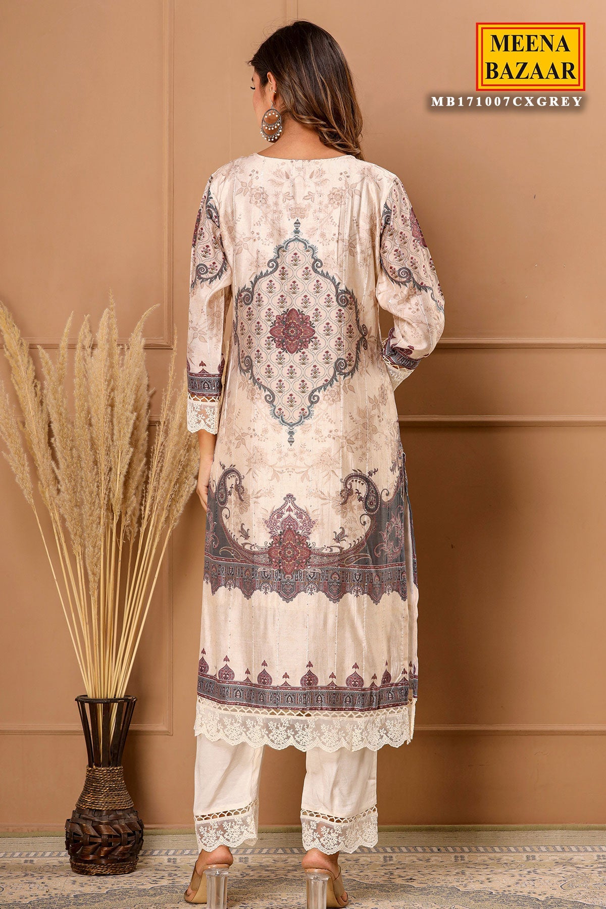 Grey Maslin Ready Made Suit with Elegant Neck Embroidery