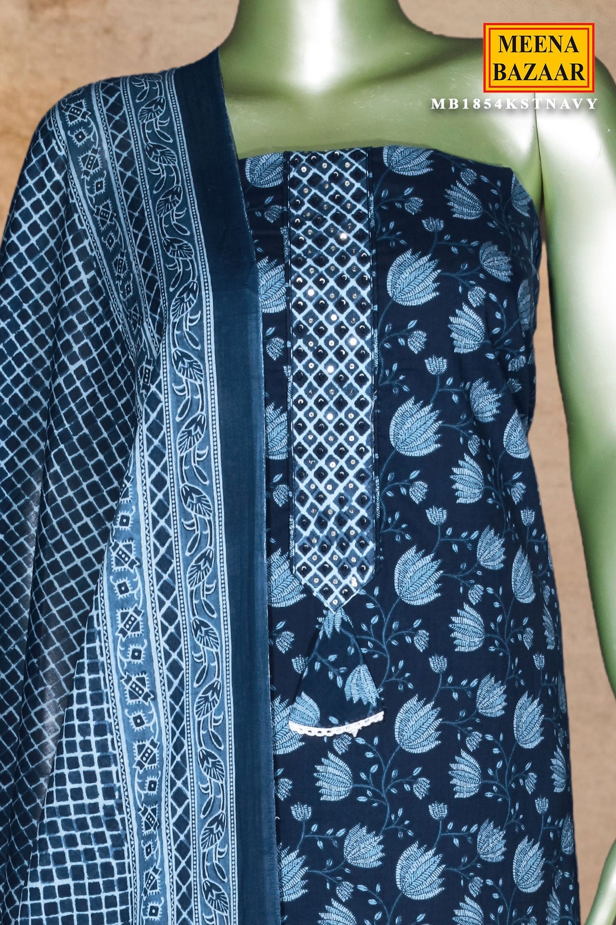Navy Blue Embroidered Cotton Unstitched Suit Set with Dupatta for Women