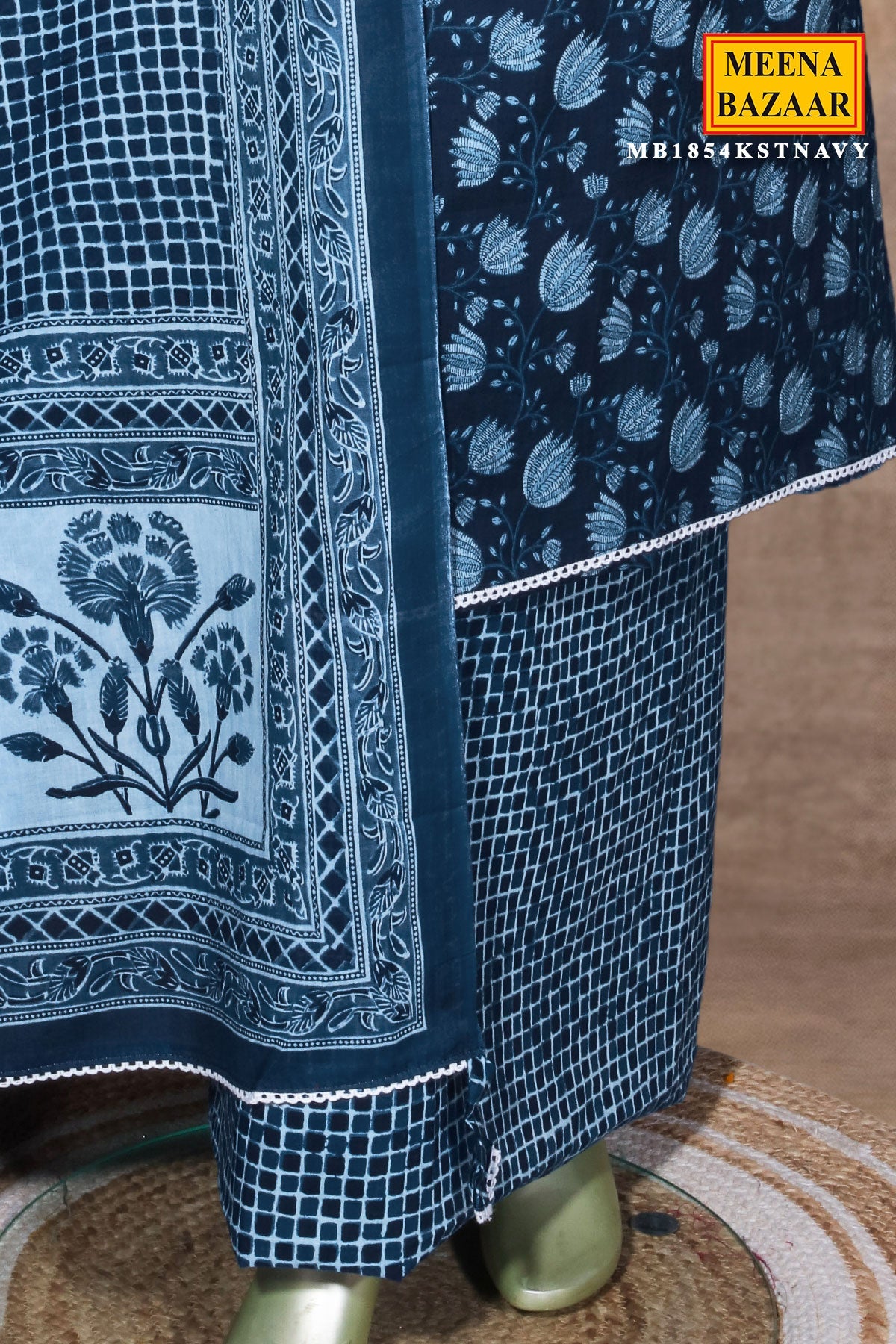 Navy Blue Embroidered Cotton Unstitched Suit Set with Dupatta for Women
