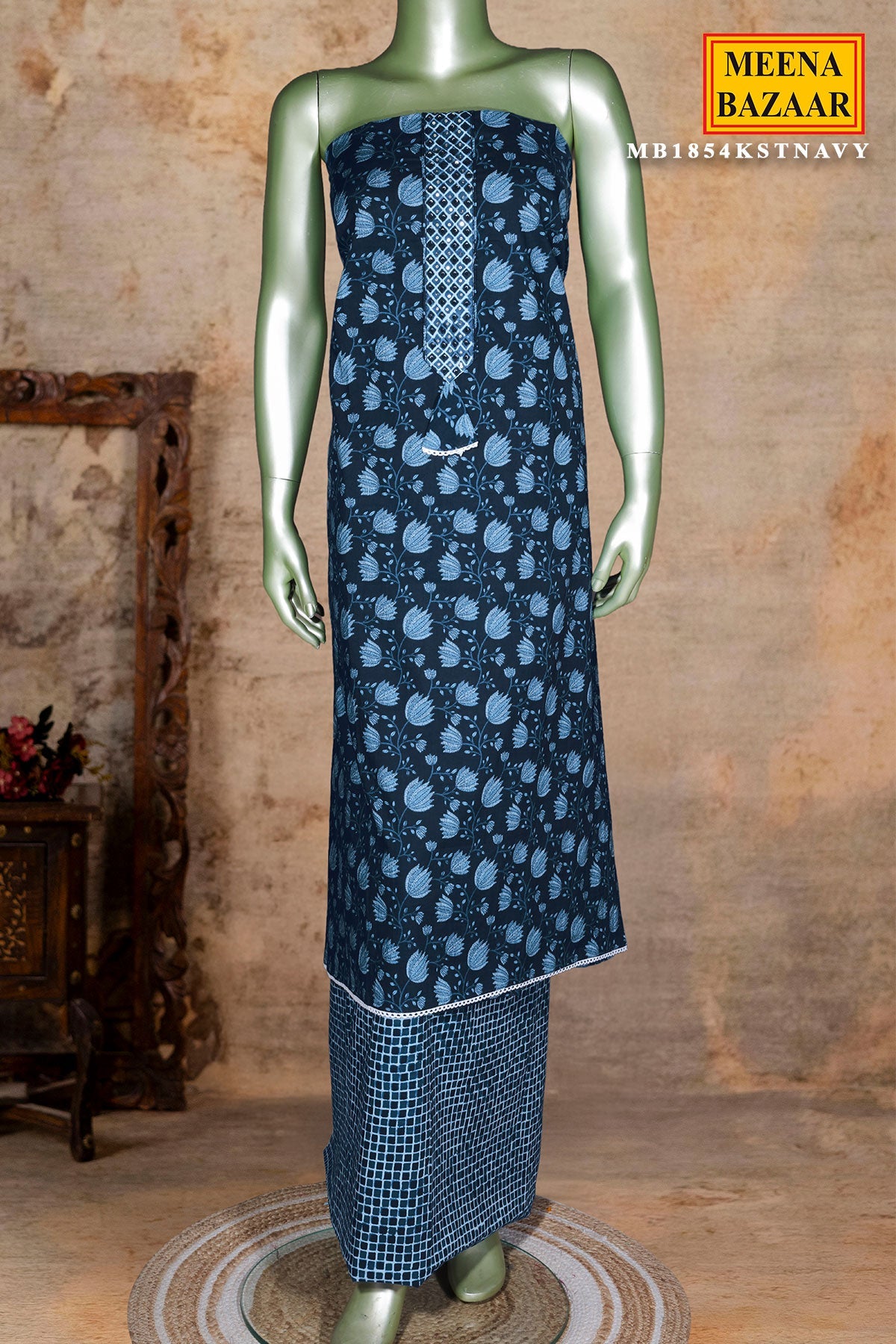 Navy Blue Embroidered Cotton Unstitched Suit Set with Dupatta for Women