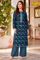 Navy Blue Embroidered Cotton Unstitched Suit Set with Dupatta for Women