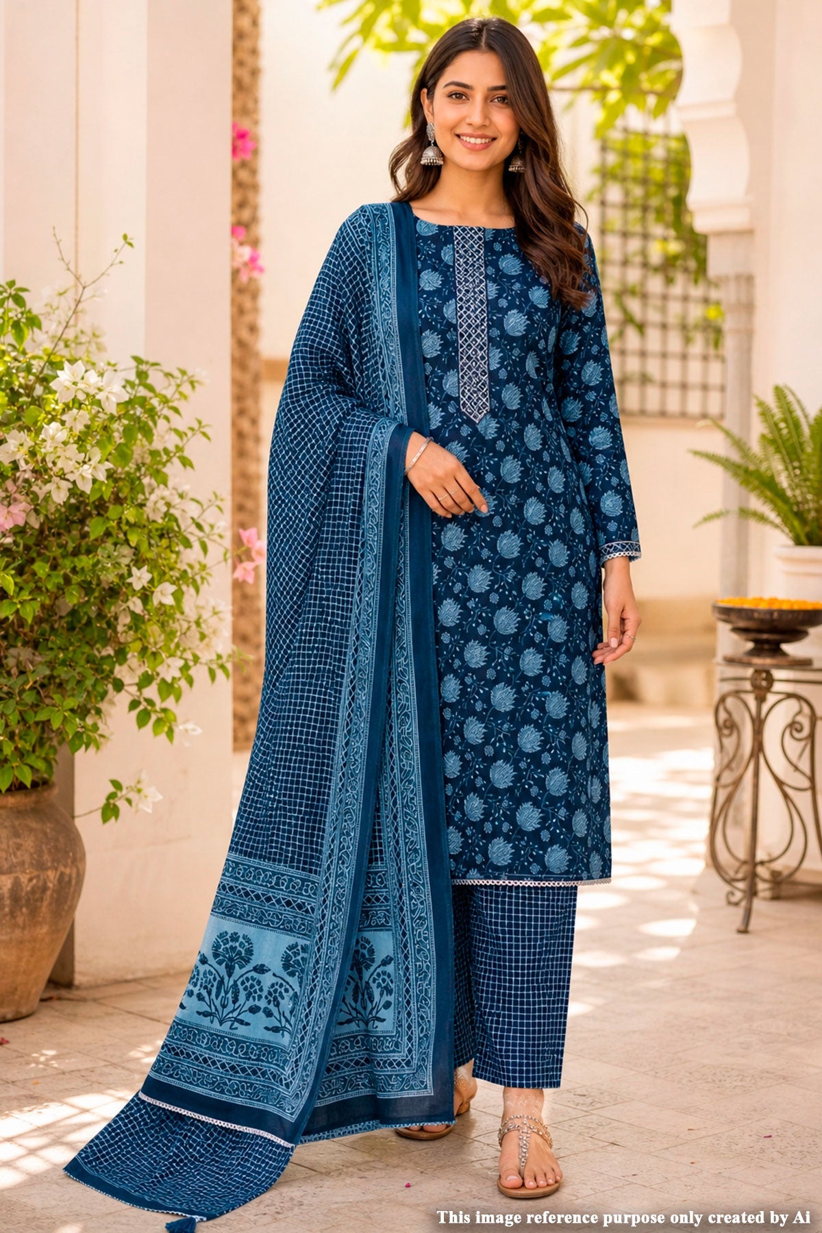 Navy Blue Embroidered Cotton Unstitched Suit Set with Dupatta for Women