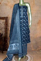 Navy Blue Embroidered Cotton Unstitched Suit Set with Dupatta for Women