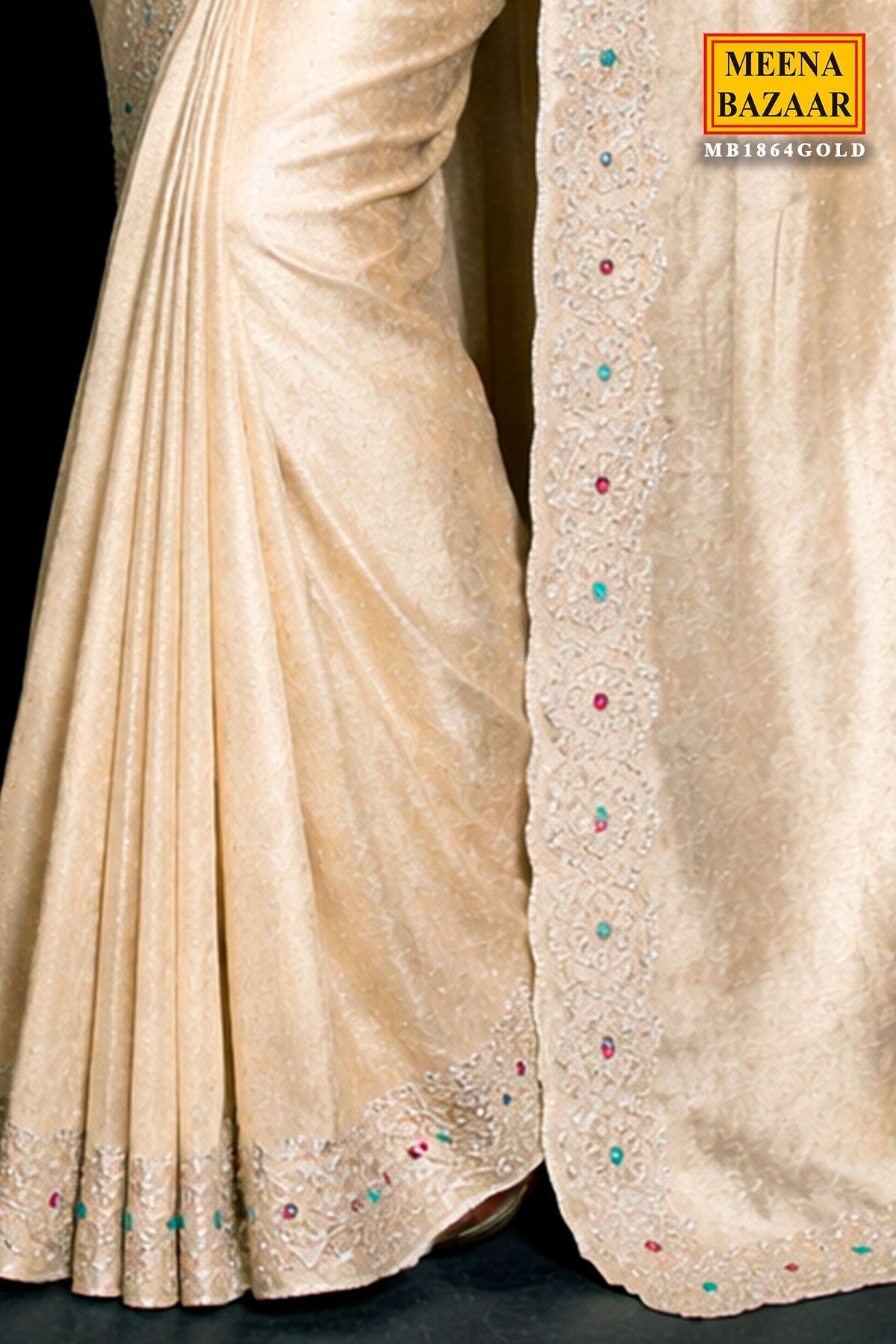 Elegant Gold Shimmer Saree with Stone Work