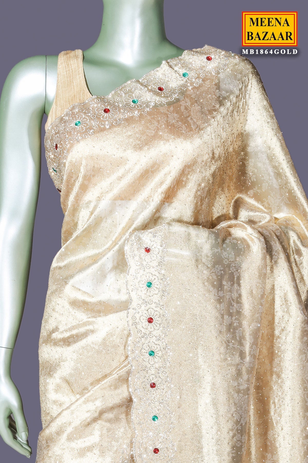 Elegant Gold Shimmer Saree with Stone Work