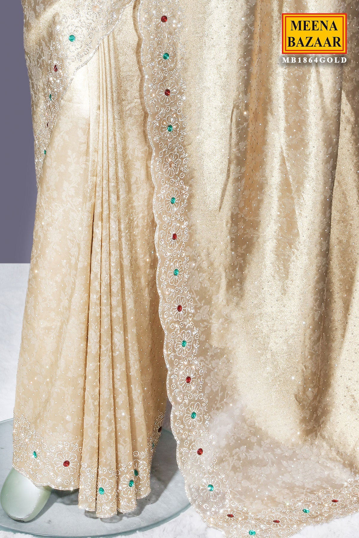 Elegant Gold Shimmer Saree with Stone Work
