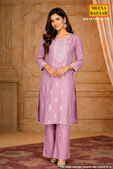 Mauve Cotton Embroidered Readymade Suit
