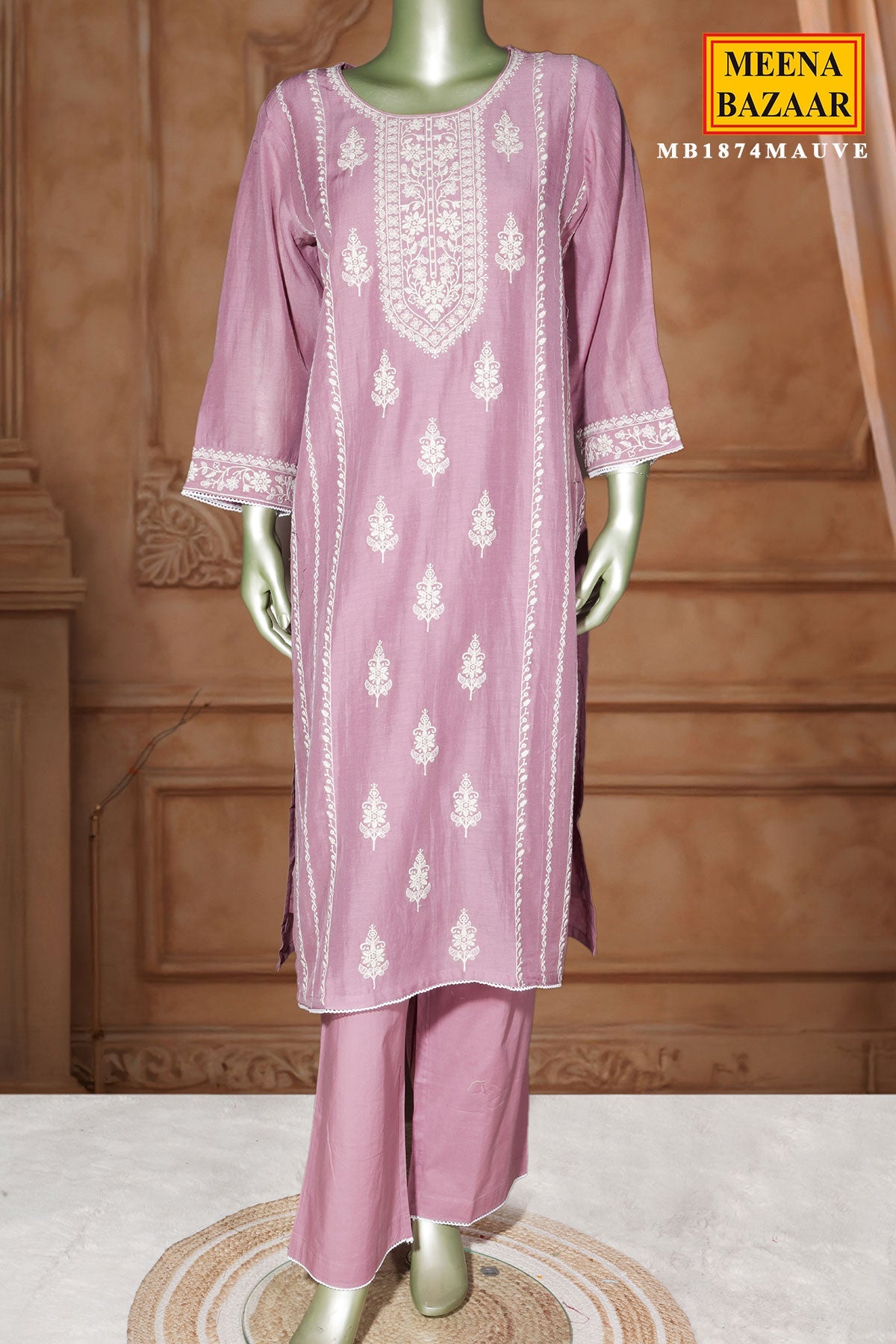 Mauve Cotton Embroidered Readymade Suit