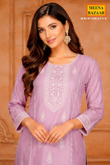 Mauve Cotton Embroidered Readymade Suit