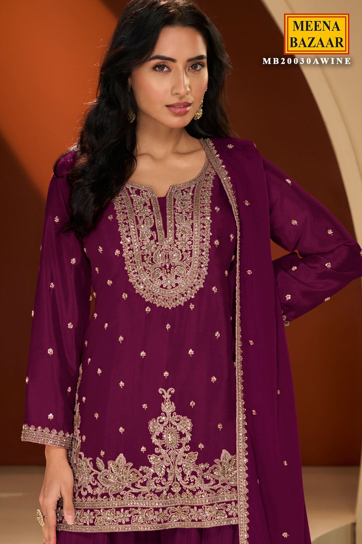 Krishvi Wine Chinon Sharara Suit with Neck Embroidery