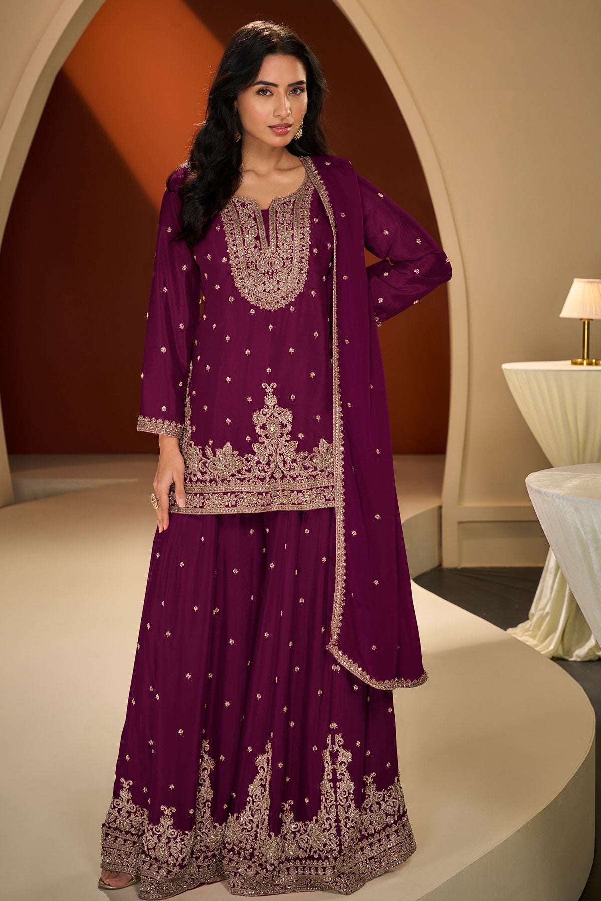 Krishvi Wine Chinon Sharara Suit with Neck Embroidery